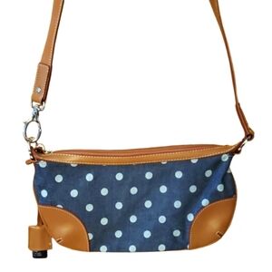 Tommy Hilfiger‎ NWT Blue Denim & White Polka Dot Tan Leather Hobo Crossbody Bag